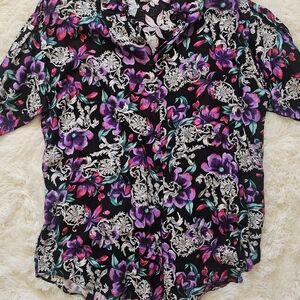 Vintage Floral Black & Purple Womens Top Size xl